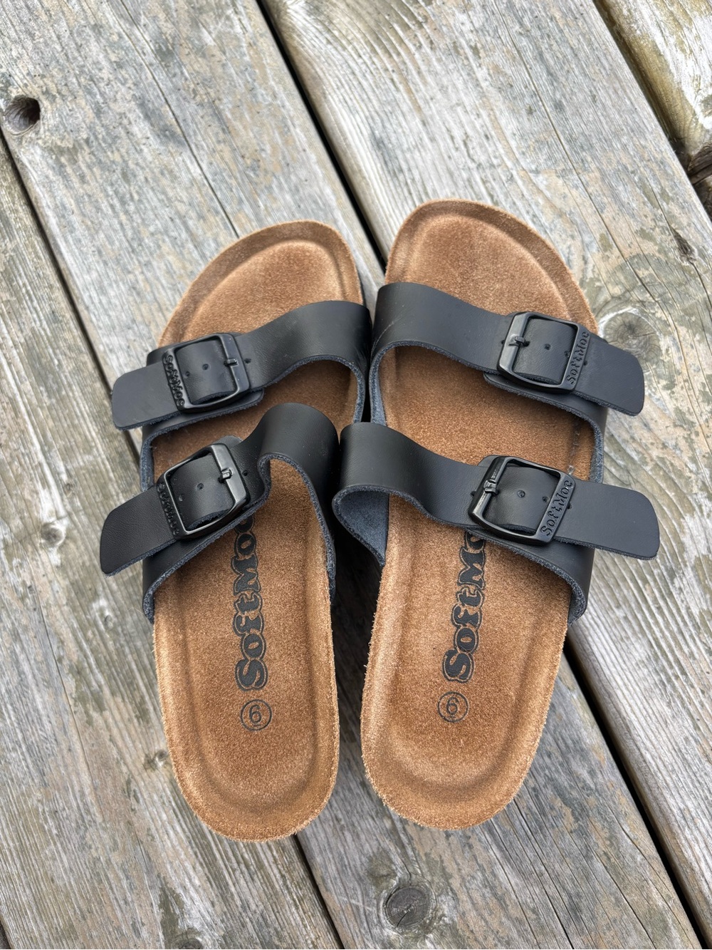 Soft Moc Black Double-Buckle Wedge Sandals